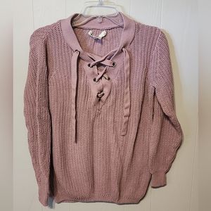 Kaisely Sweater Pink Cable Style Medium Lace Up Front Casual Preppy Boho B225
